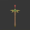 Golden ornate sword with star shaped decoration and slim blade displayed on dark background