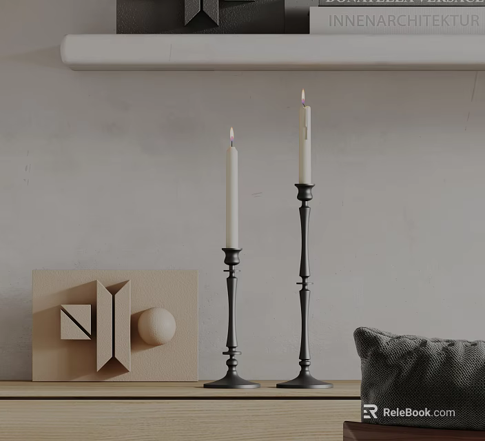 Two Black Candle Lamps With Metal Holders And Geometric Decor On Wooden Shelf Gray Wall 3d model 