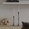 Two Black Candle Lamps With Metal Holders And Geometric Decor On Wooden Shelf Gray Wall