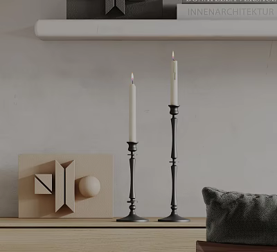 Two Black Candle Lamps With Metal Holders And Geometric Decor On Wooden Shelf Gray Wall 3d model