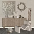 Elegant Geometric Patterned Console Cabinet With Sculpture Artwork Vase And Chair
