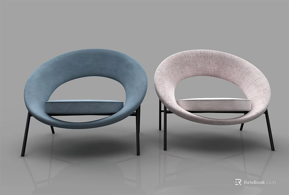 Modern Leisure Chairs With Blue Light Pink Upholstered Round Hollow Back And Metal Legs 3d model 