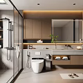 Modern Bathroom Interior Design With Glass Shower Enclosure Wooden Cabinets Large Mirror And Stone Countertop