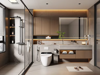 Modern Bathroom Interior Design With Glass Shower Enclosure Wooden Cabinets Large Mirror And Stone Countertop 3d model