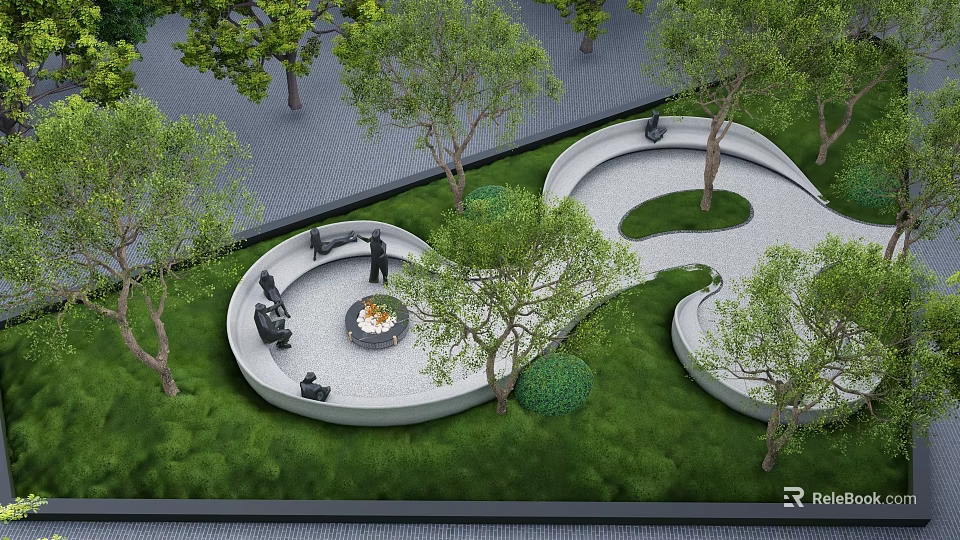 Beautiful Serene Park Landscape With Winding Pathway Seating Areas And Lush Trees Green Lawn 3d model 