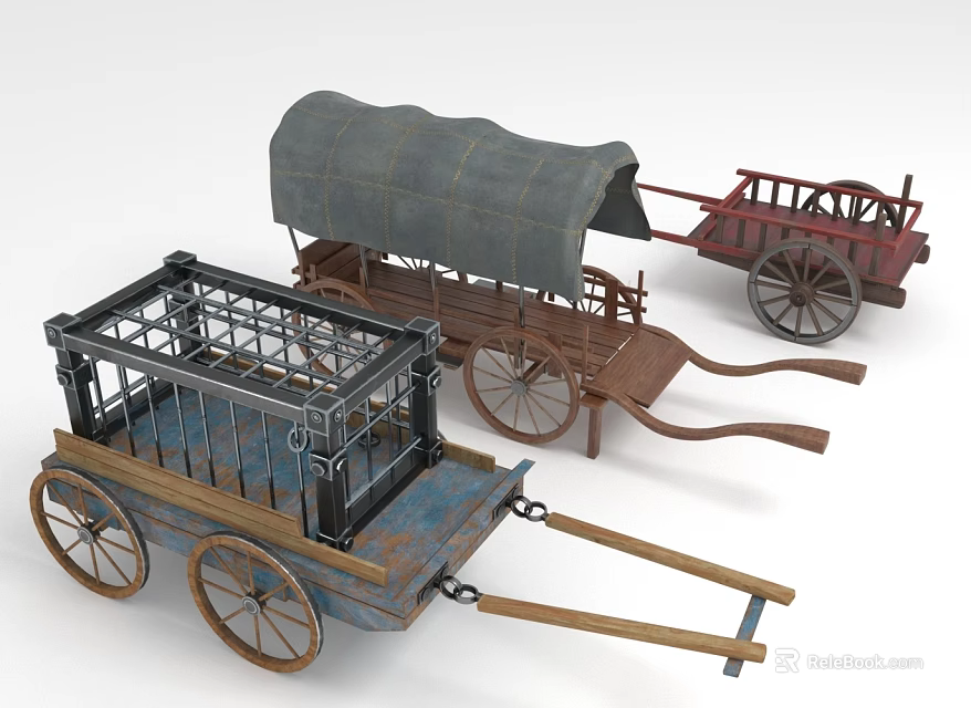 Vintage Antique Carts And Wagons Featuring Cage Canvas Cover And Wooden Wheels 3d model 