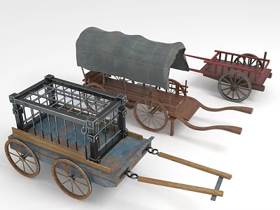 Vintage Antique Carts And Wagons Featuring Cage Canvas Cover And Wooden Wheels 3d model