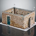 Brick Model Building With Green Door Windows And Exterior Light Details