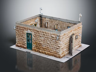 Brick Model Building With Green Door Windows And Exterior Light Details 3d model