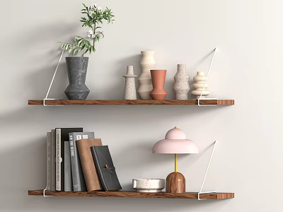 Wooden Floating Shelves with Green Plant Ceramic Vases Books and Pink Table Lamp 3d model