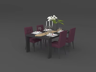 Dining Table Set with Purple Chairs White Flowers Tableware and Candles 3d model