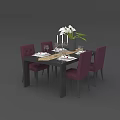 Dining Table Set with Purple Chairs White Flowers Tableware and Candles