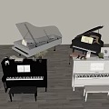 Various Black And White Grand Upright Pianos With Stools And Framed Art Pieces