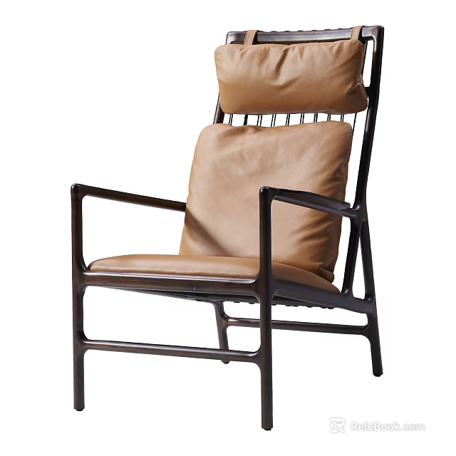 Modern Leisure Chair with Brown Leather Cushion Backrest and Black Metal Frame 3d model 