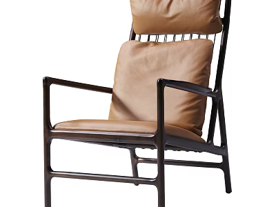 Modern Leisure Chair with Brown Leather Cushion Backrest and Black Metal Frame 3d model