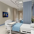 Modern Hospital Outpatient Ward With White Beds Blue Striped Curtains And TV