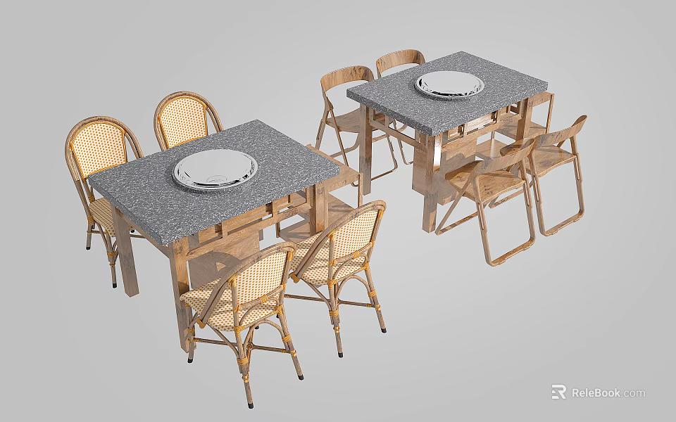 Two Dining Table Set With Gray Tabletop Rattan Chairs And Round Plates 3d model 