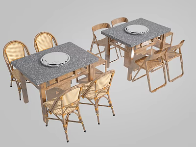 Two Dining Table Set With Gray Tabletop Rattan Chairs And Round Plates 3d model