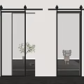 Modern Barn Doors With Glass Panels Metal Frames In Interior With Potted Plant And Figurine