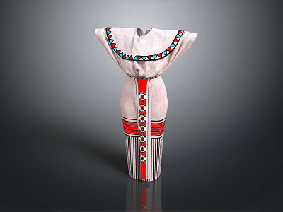 Traditional White Outfit With Colorful Beaded Collar Red Waist Belt Striped And Circular Pattern Skirt 3d model