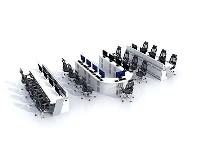 Office Desks with Multiple Computer Monitors and Ergonomic Office Chairs in Modern Workstation Setup 3d model