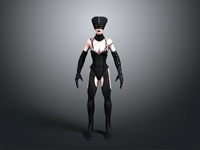 3D Model Female In Black Tight Fitting Outfit With High Hat Long Gloves And Boots 3d model
