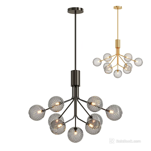 Modern Pendant Chandelier Design With Black Gold Metal Arms And Glass Ball Light Shades 3d model 