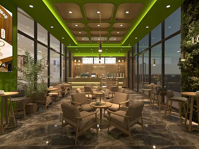 Modern Café Interior With Green Ceiling Large Windows Wooden Furniture And Marble Floor 3d model