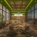 Modern Café Interior With Green Ceiling Large Windows Wooden Furniture And Marble Floor