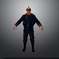 Blue Military Uniformed Figure With Golden Decorated Hat Red Cuffs Backpack Against Gray Background