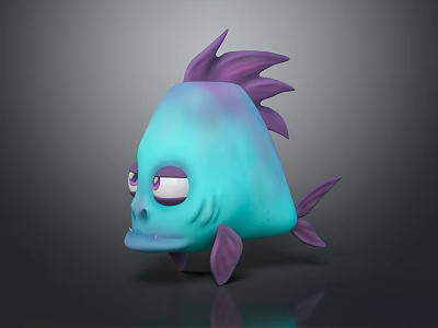 Cute Cartoon Fish Character With Turquoise Body Purple Fins And Sleepy Eyes 3d model