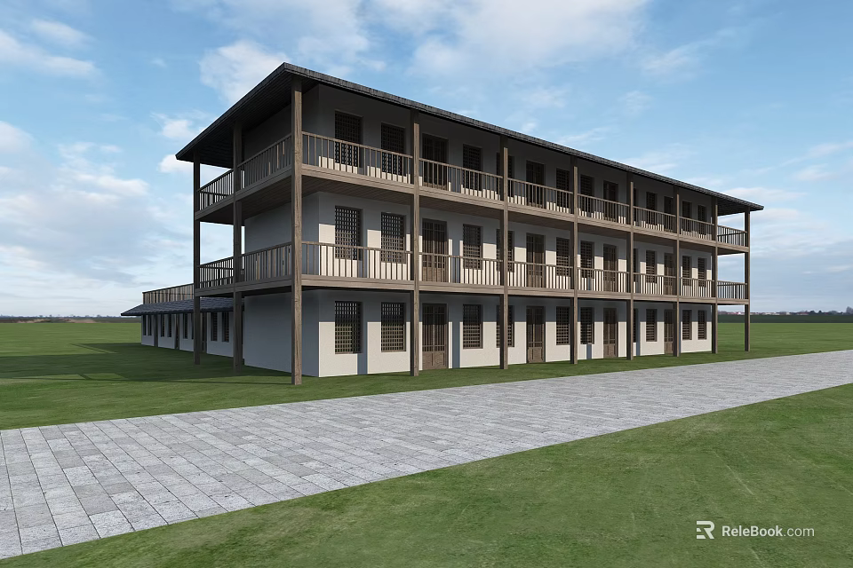 Two Story Guesthouse Building Exterior With White Walls Dark Balconies And Grassland Path View 3d model 
