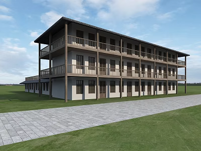 Two Story Guesthouse Building Exterior With White Walls Dark Balconies And Grassland Path View 3d model