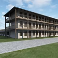 Two Story Guesthouse Building Exterior With White Walls Dark Balconies And Grassland Path View