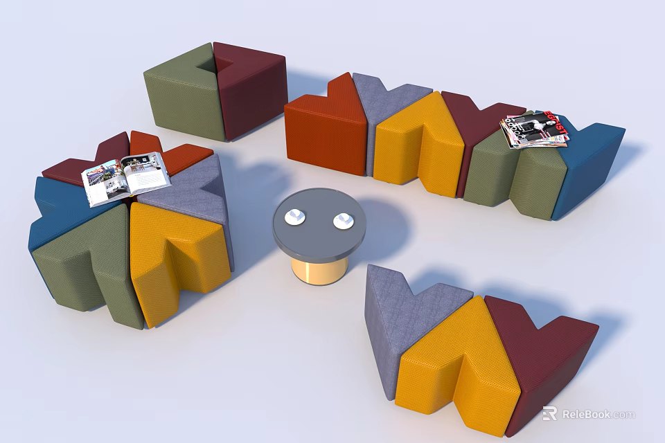 Modern Multicolored Sofa and Coffee Table Set with Geometric Design Elements 3d model