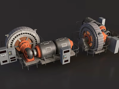 Industrial Heavy Machinery With Large Rotary Drums Orange Components Gray Frames And Control Panels 3d model