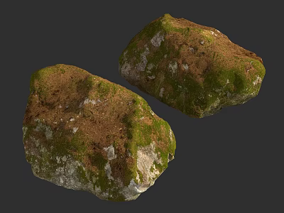 Natural Stone and Wood Pieces with Green Moss and Rustic Textured Surfaces 3d model