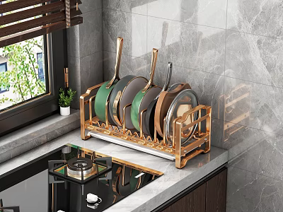 Modern Kitchen Countertop With Golden Pot Rack And Colorful Pans On Marble Wall Background 3d model