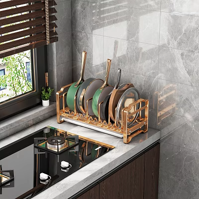 Modern Kitchen Countertop With Golden Pot Rack And Colorful Pans On Marble Wall Background 3d model