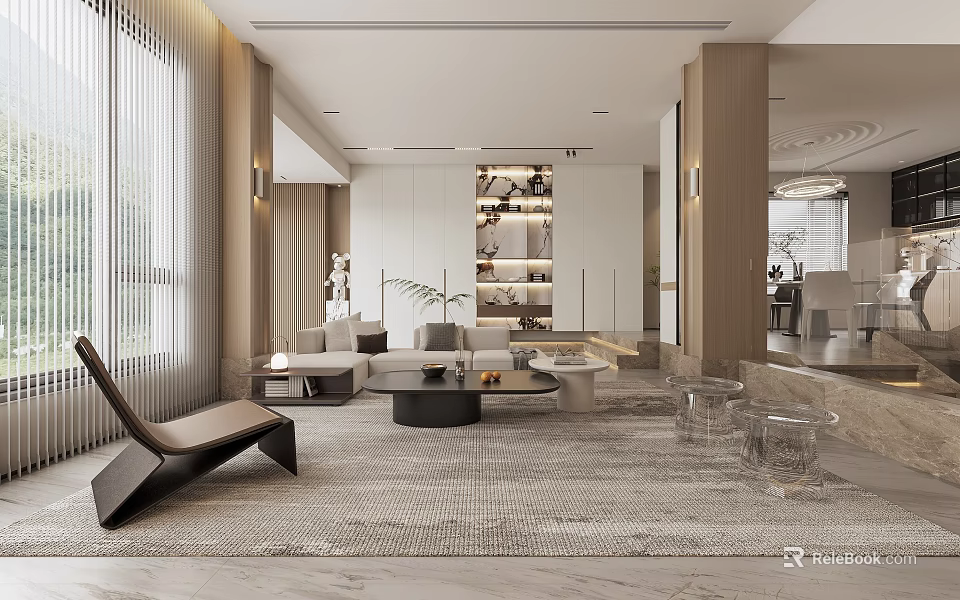 Modern Living Dining Room Interior With Neutral Tones Sofa Coffee Table And Display Shelves 3d model 