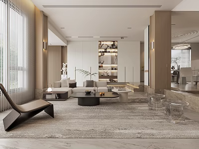 Modern Living Dining Room Interior With Neutral Tones Sofa Coffee Table And Display Shelves 3d model