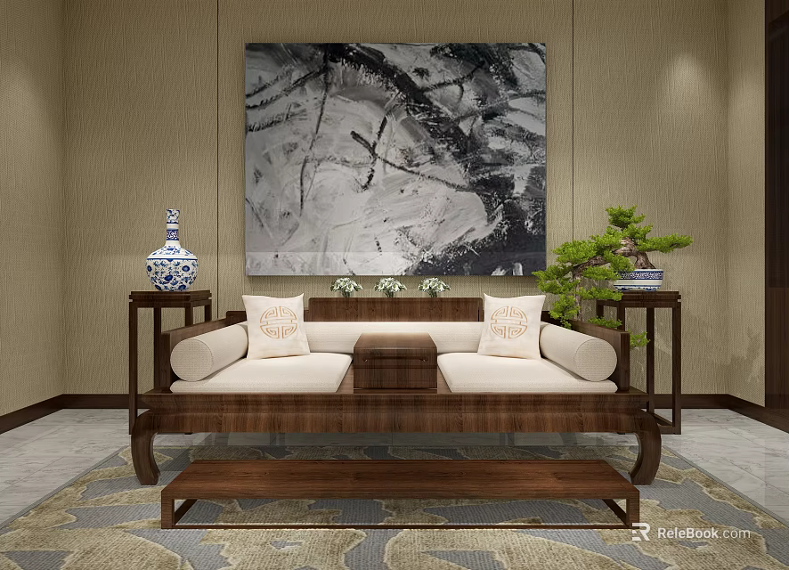 Traditional Chinese Sofa Set With Beige Cushions Wooden Frame Ottoman Abstract Painting And Green Plant 3d model 