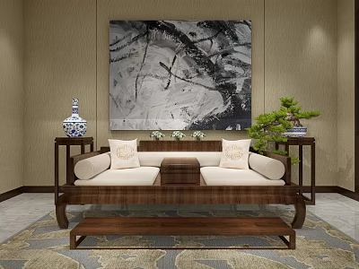 Traditional Chinese Sofa Set With Beige Cushions Wooden Frame Ottoman Abstract Painting And Green Plant 3d model