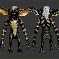 Monster Creature Figures With Big Ears Striped Skin Clawed Limbs Front And Back Views