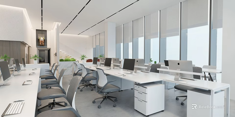 Spacious Modern Public Office Space With Large Windows Gray Chairs Multiple Computers And Green Plants 3d model