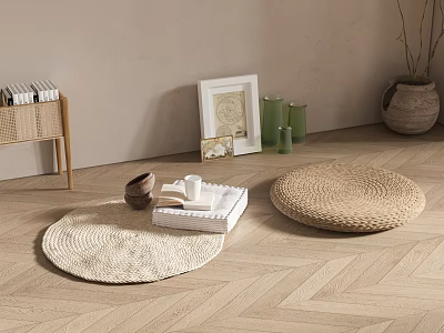 Natural Household Items Display With Rattan Mats Wooden Shelf Photo Frame And Green Cups 3d model