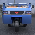 Blue Three Wheel Motorcycle With Open Cargo Bed Railings Headlights And Driver Seat