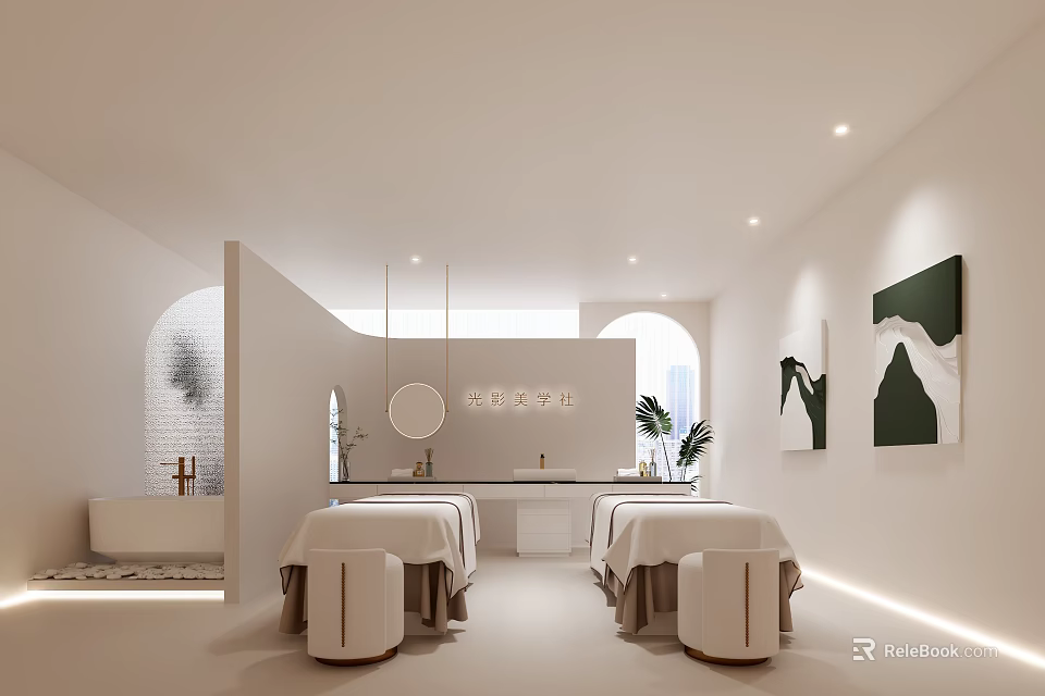 Modern SPA Sauna Interior Design With Massage Beds White Decor Green Plants And Arched Mirrors 3d model 