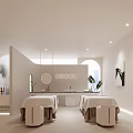 Modern SPA Sauna Interior Design With Massage Beds White Decor Green Plants And Arched Mirrors