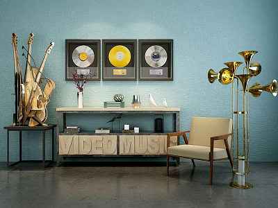 Console Sideboard With Video Music Letters Vinyl Records Guitars And Decor On Blue Wall 3d model